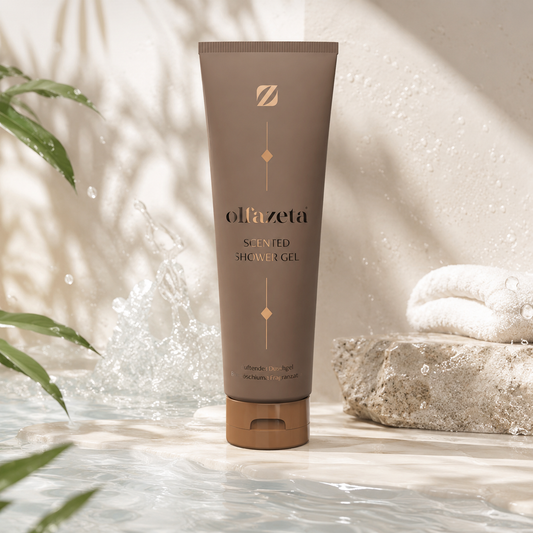 Olfazeta Duschgel No. 061 mit Zitrone, Wasser und grünen Blättern in heller Produktinszenierung