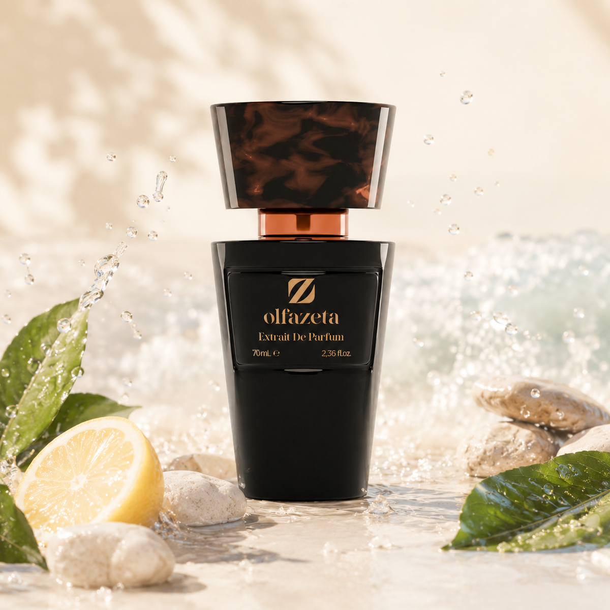 Olfazeta Parfüm No. 061 mit Zitrone, Wasser und grünen Blättern in heller Produktinszenierung