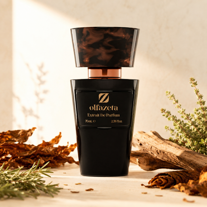 Olfazeta Parfüm No. 062 mit trockenem Holz, Blättern und Gewürzen in heller Produktinszenierung