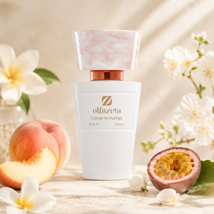 Olfazeta Parfüm No. 064 mit Pfirsich und Passionsfrucht in heller Produktinszenierung