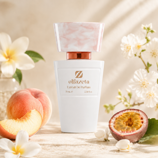 Olfazeta Parfüm No. 064 mit Pfirsich und Passionsfrucht in heller Produktinszenierung