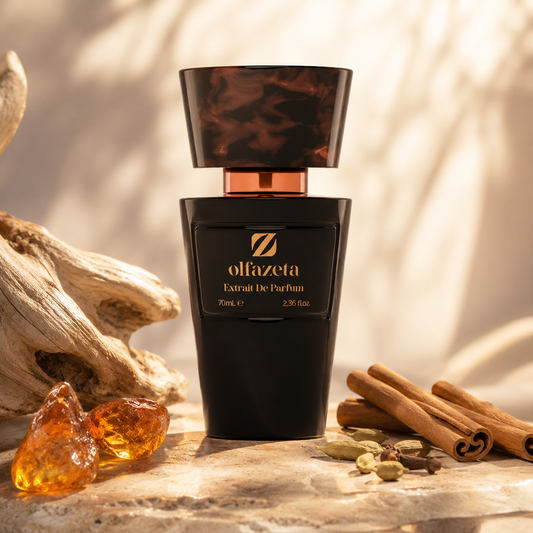 Olfazeta Parfüm No. 066 mit Amber, Zimt und Holz in heller Produktinszenierung