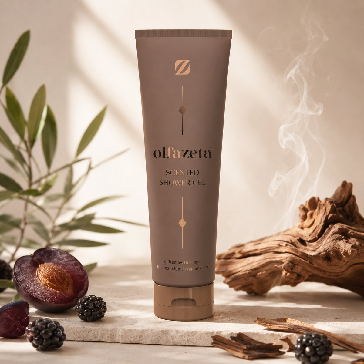 Olfazeta Duschgel No. 068 mit Feigen, dunklen Beeren und Holz in heller Produktinszenierung
