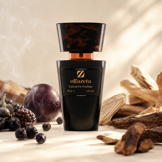 Olfazeta Parfüm No. 068 mit Feigen, dunklen Beeren und Holz in heller Produktinszenierung