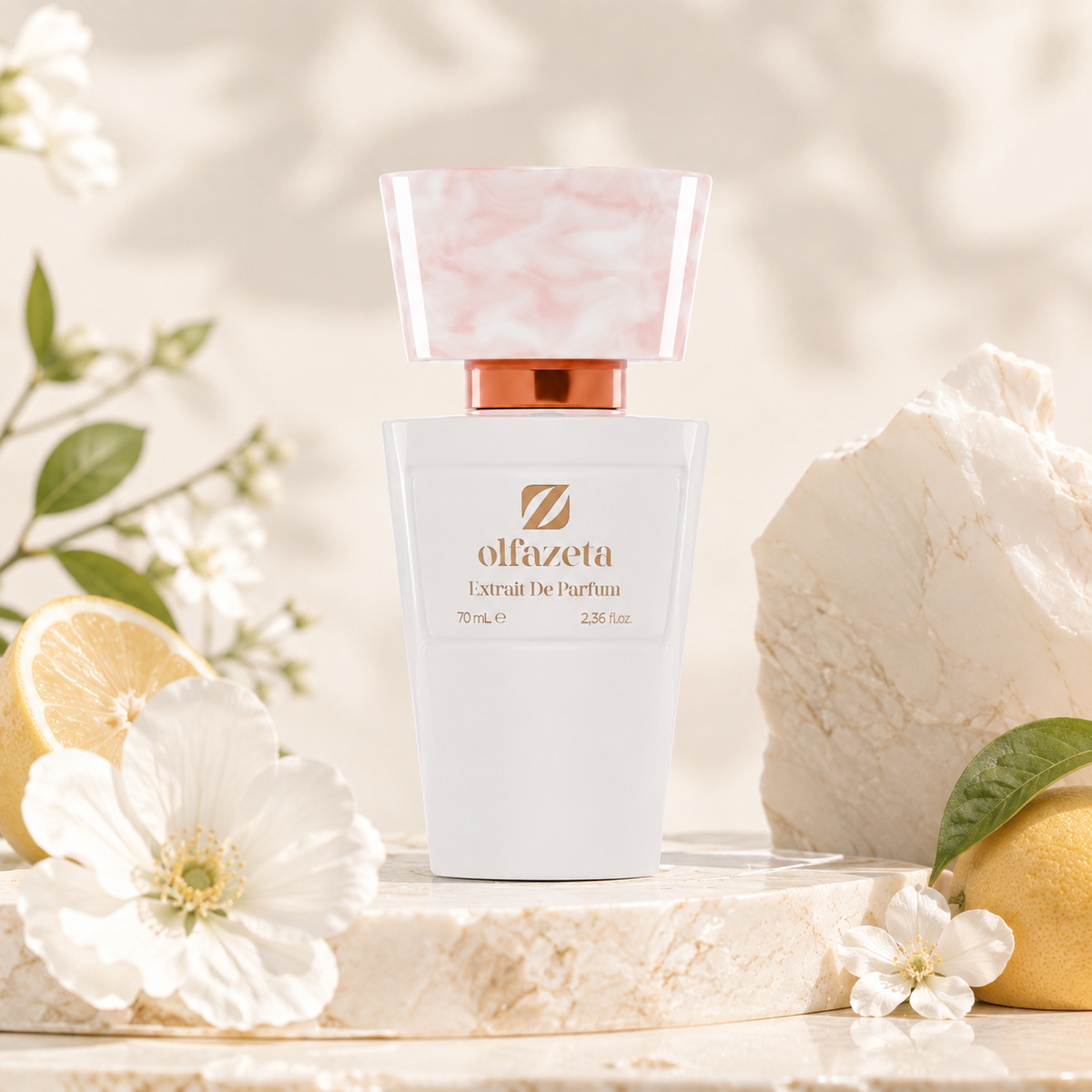 Olfazeta Parfüm No. 071 mit Zitrone und weißen Blüten in heller Produktinszenierung