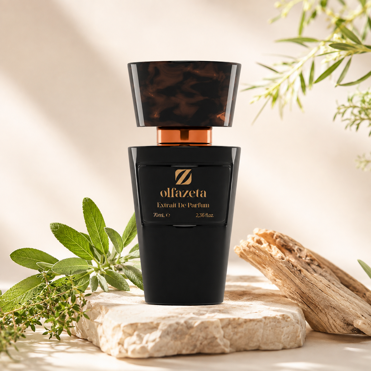 Olfazeta Parfüm No. 079 mit grünen Blättern und Treibholz in heller Produktinszenierung