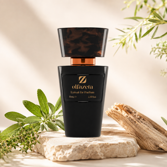Olfazeta Parfüm No. 079 mit grünen Blättern und Treibholz in heller Produktinszenierung