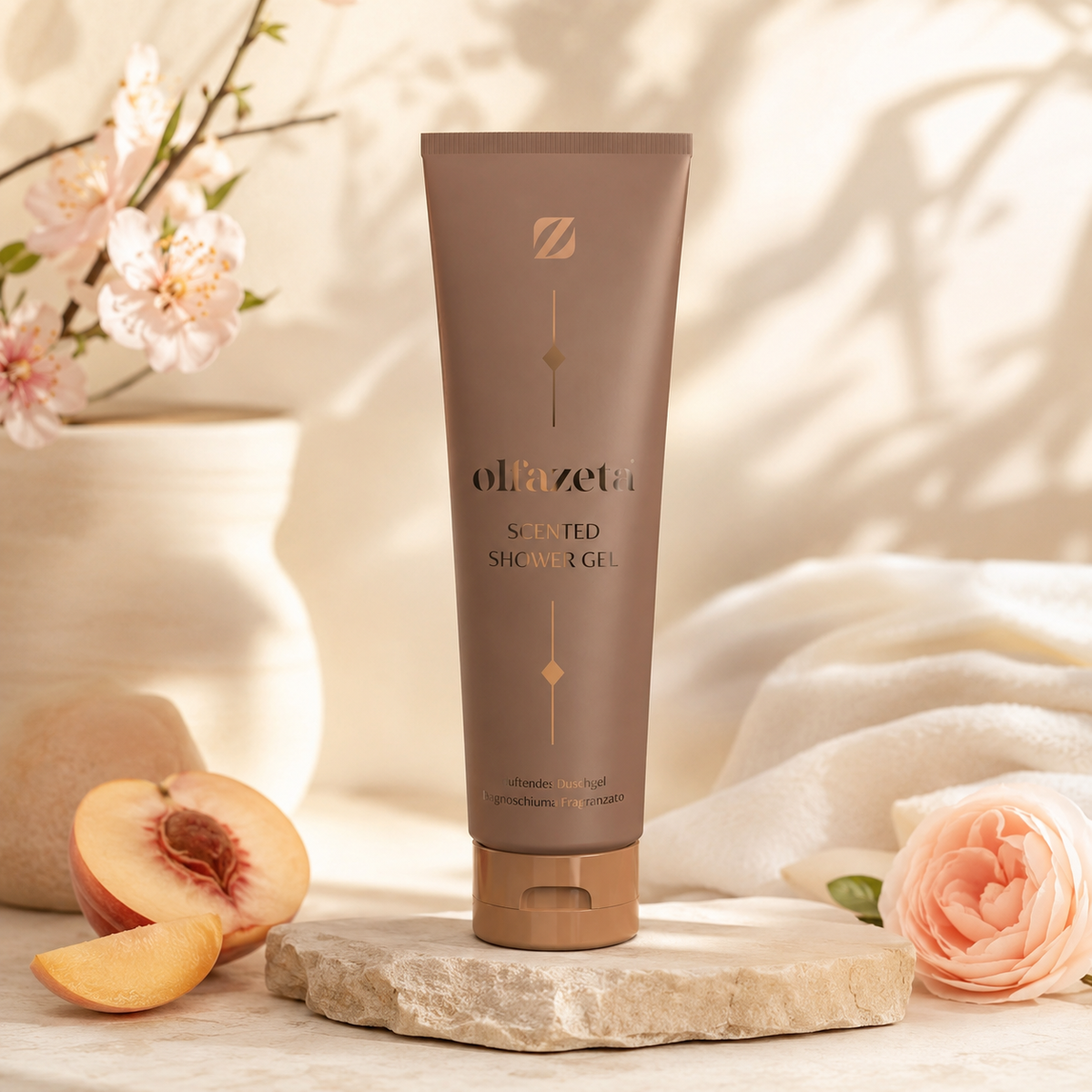 Olfazeta Duschgel No. 080 mit Birne, Beeren und Blüten in heller Produktinszenierung