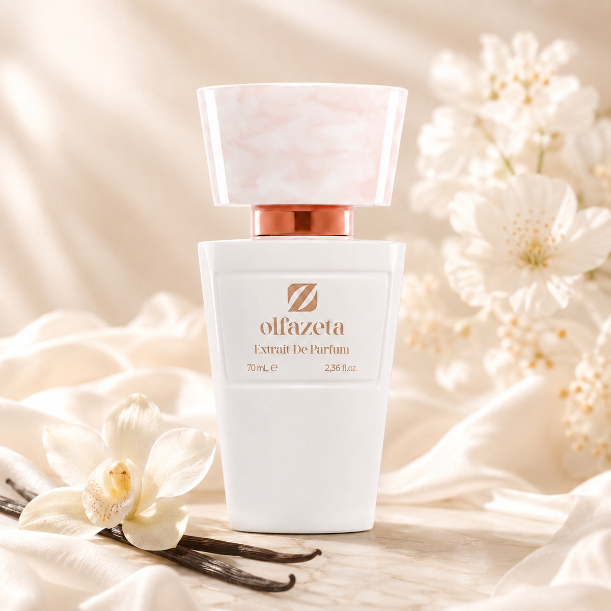 Olfazeta Parfüm No. 081 mit Vanille und weißen Blüten in heller Produktinszenierung