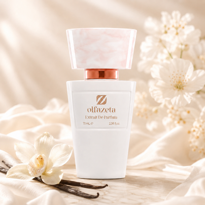 Olfazeta Parfüm No. 081 mit Vanille und weißen Blüten in heller Produktinszenierung