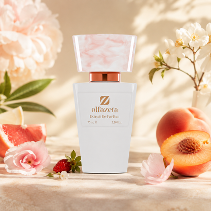 Olfazeta Parfüm No. 082 mit Pfirsich, Zitrus und Blüten in heller Produktinszenierung