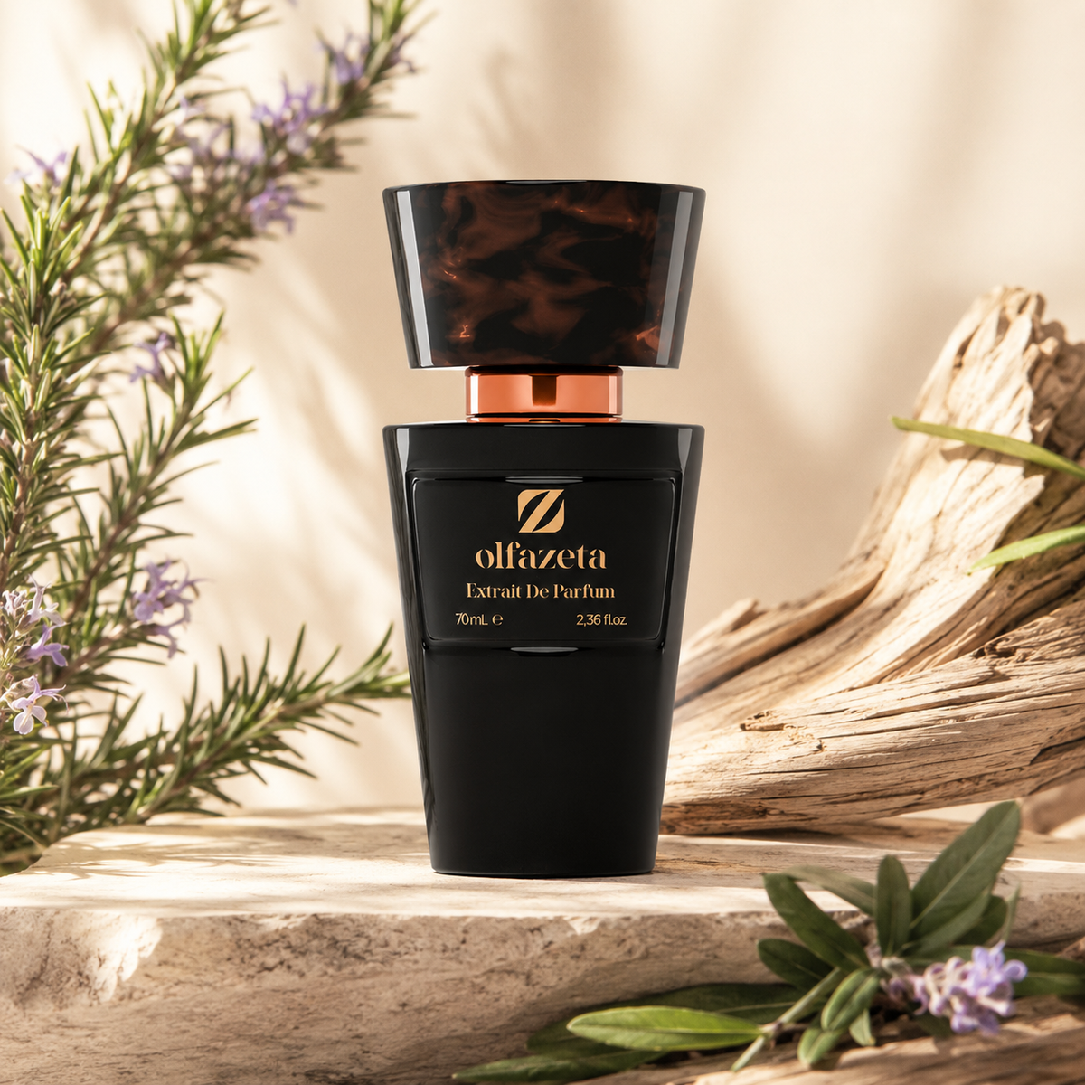 Olfazeta Parfüm No. 084 mit Rosmarin und Holz in heller Produktinszenierung