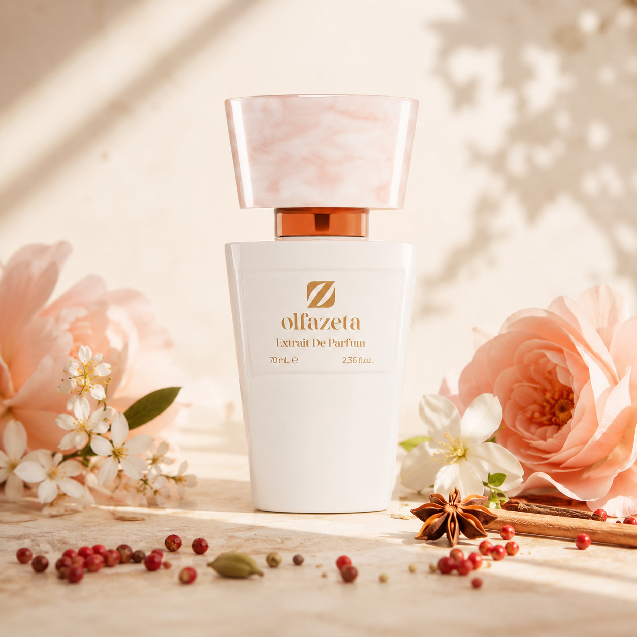 Olfazeta Parfüm No. 085 mit Rosen und Gewürzen in heller Produktinszenierung