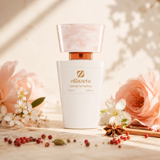 Olfazeta Parfüm No. 085 mit Rosen und Gewürzen in heller Produktinszenierung