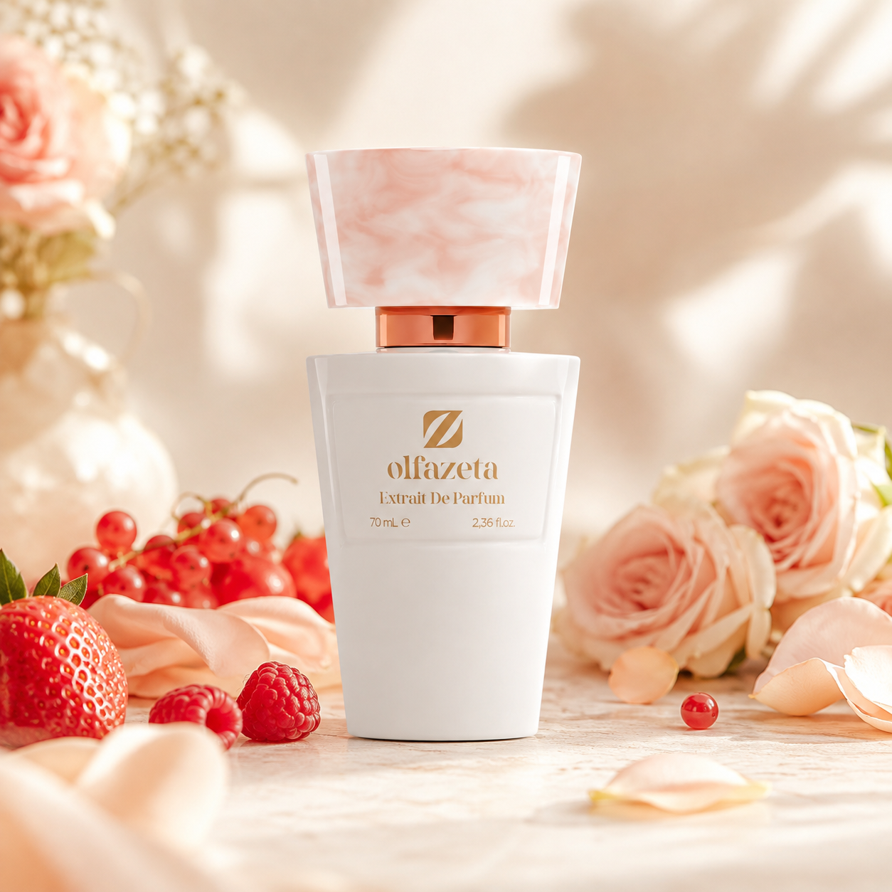 Olfazeta Parfüm No. 089 mit Erdbeeren, Beeren und Rosen in heller Produktinszenierung
