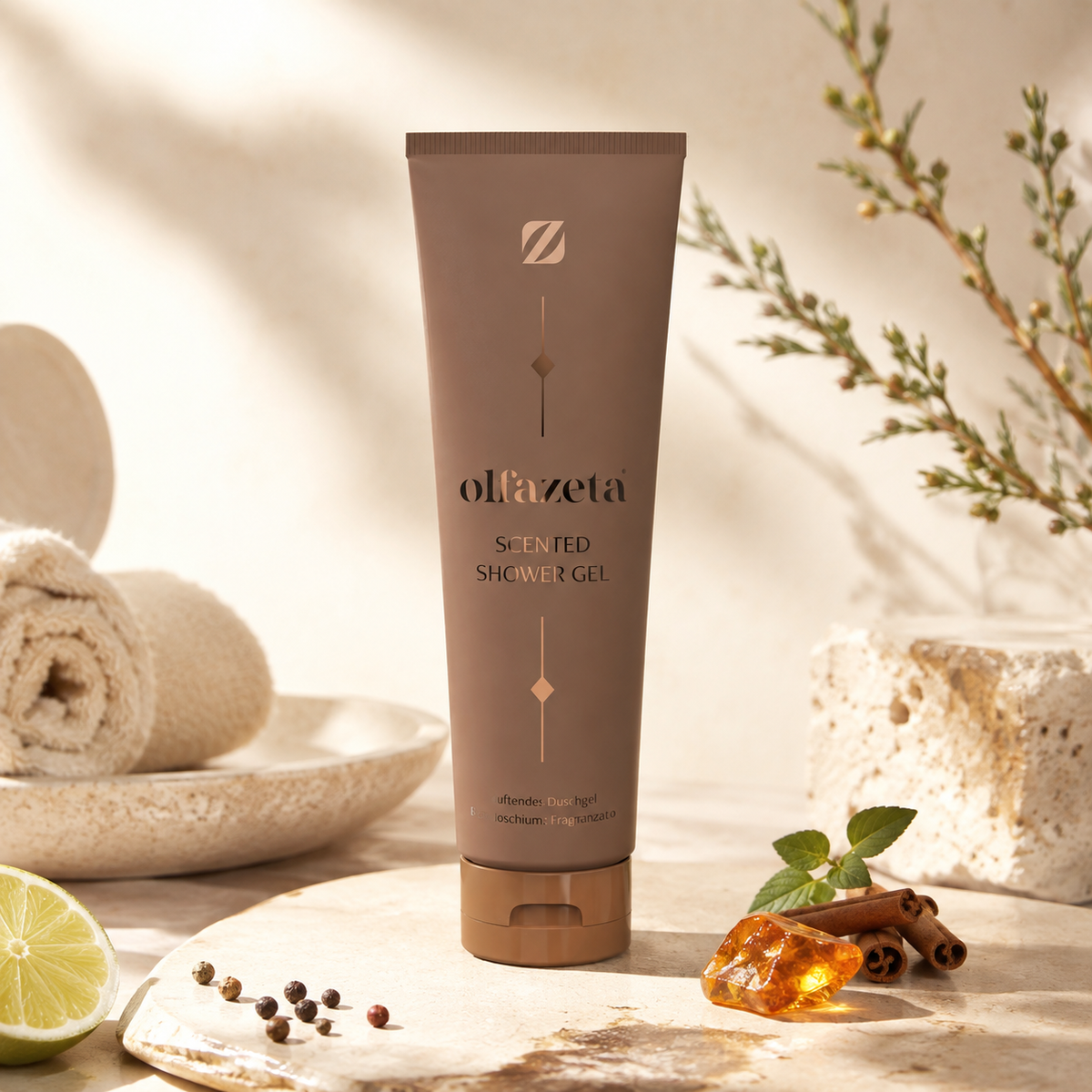 Olfazeta Duschgel No. 094 mit Limette, Amber und Pfeffer in heller Produktinszenierung
