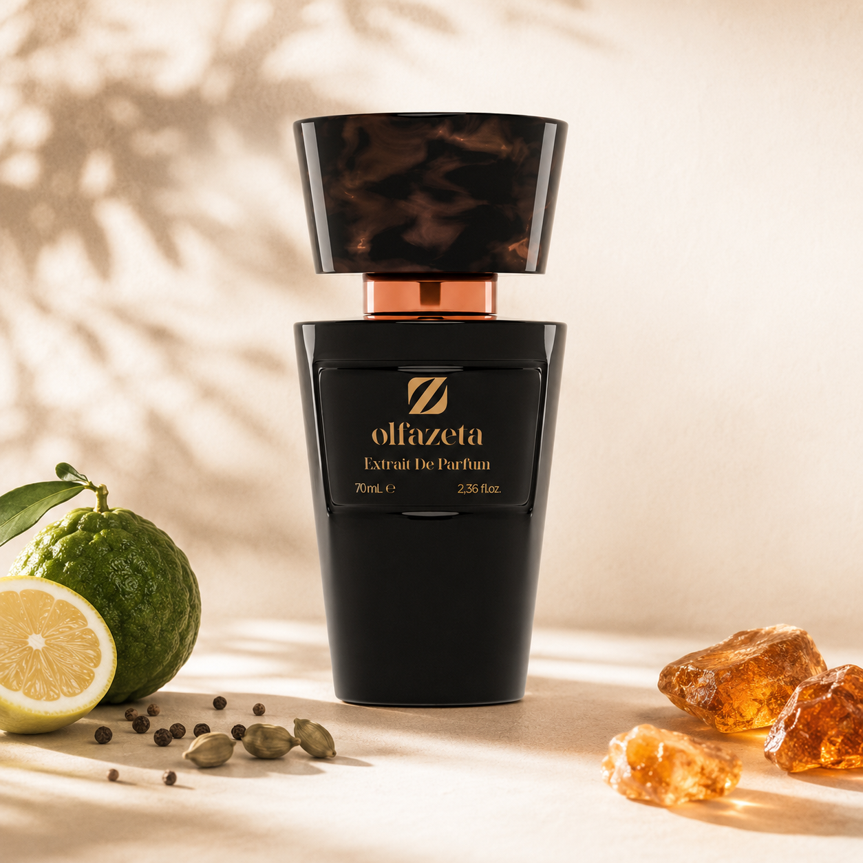 Olfazeta Parfüm No. 094 mit Limette, Amber und Pfeffer in heller Produktinszenierung