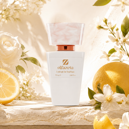 Olfazeta Parfüm No. 096 mit Zitrone und weißen Blüten in heller Produktinszenierung