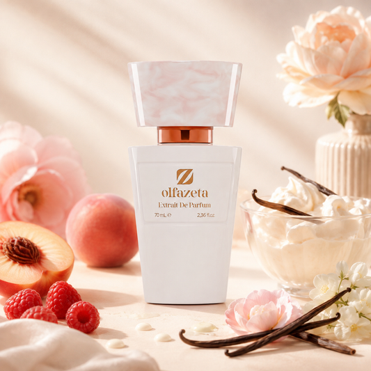Olfazeta Parfüm No. 097 mit Pfirsich und Vanille in heller Produktinszenierung