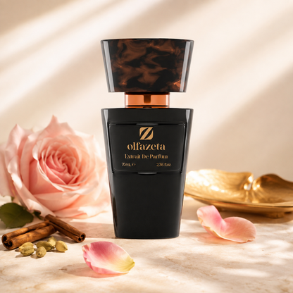 Olfazeta Parfüm No. 100 mit Rose und Gewürzen in heller Produktinszenierung