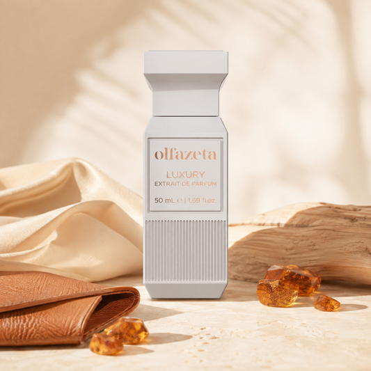 Olfazeta Parfüm No. 101 mit Leder und Amber in heller Produktinszenierung