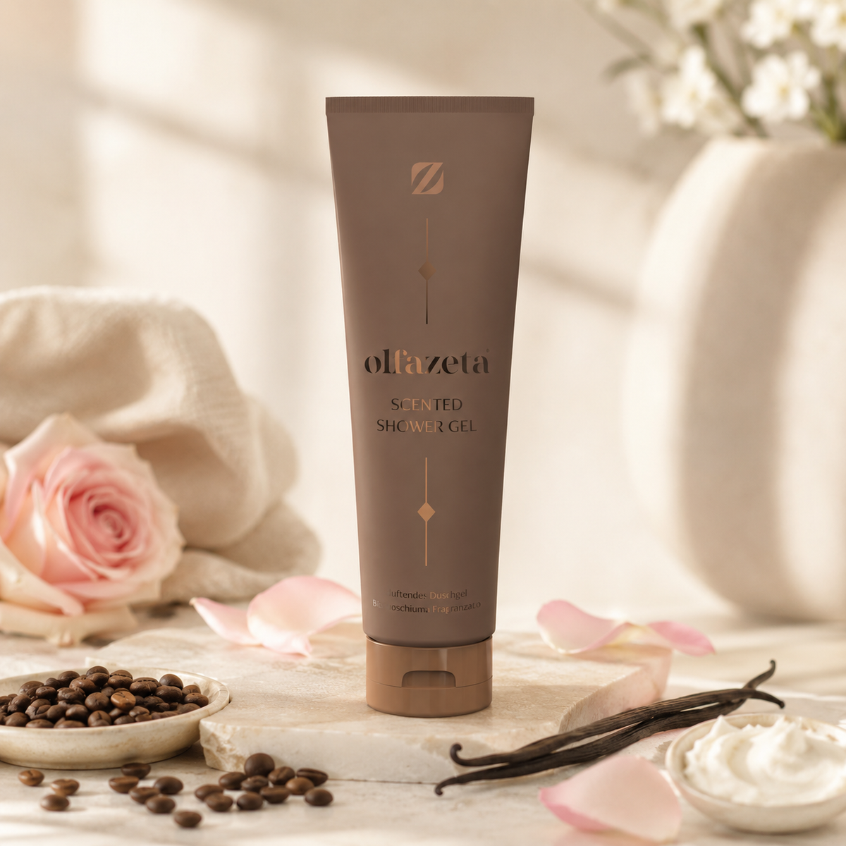 Olfazeta Duschgel No. 105 mit Kaffee, Rose und Vanille in heller Produktinszenierung