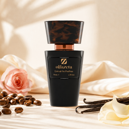 Olfazeta Parfüm No. 105 mit Kaffee, Rose und Vanille in heller Produktinszenierung