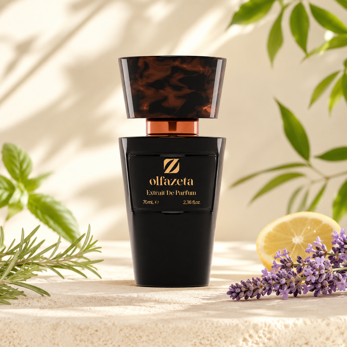 Olfazeta Parfüm No. 108 mit grünen Blättern, Zitrone und Lavendel in heller Produktinszenierung