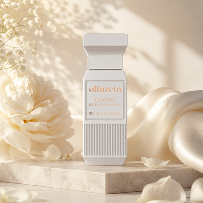Olfazeta Parfüm No. 109 mit weißen Blüten und heller Seide in heller Produktinszenierung