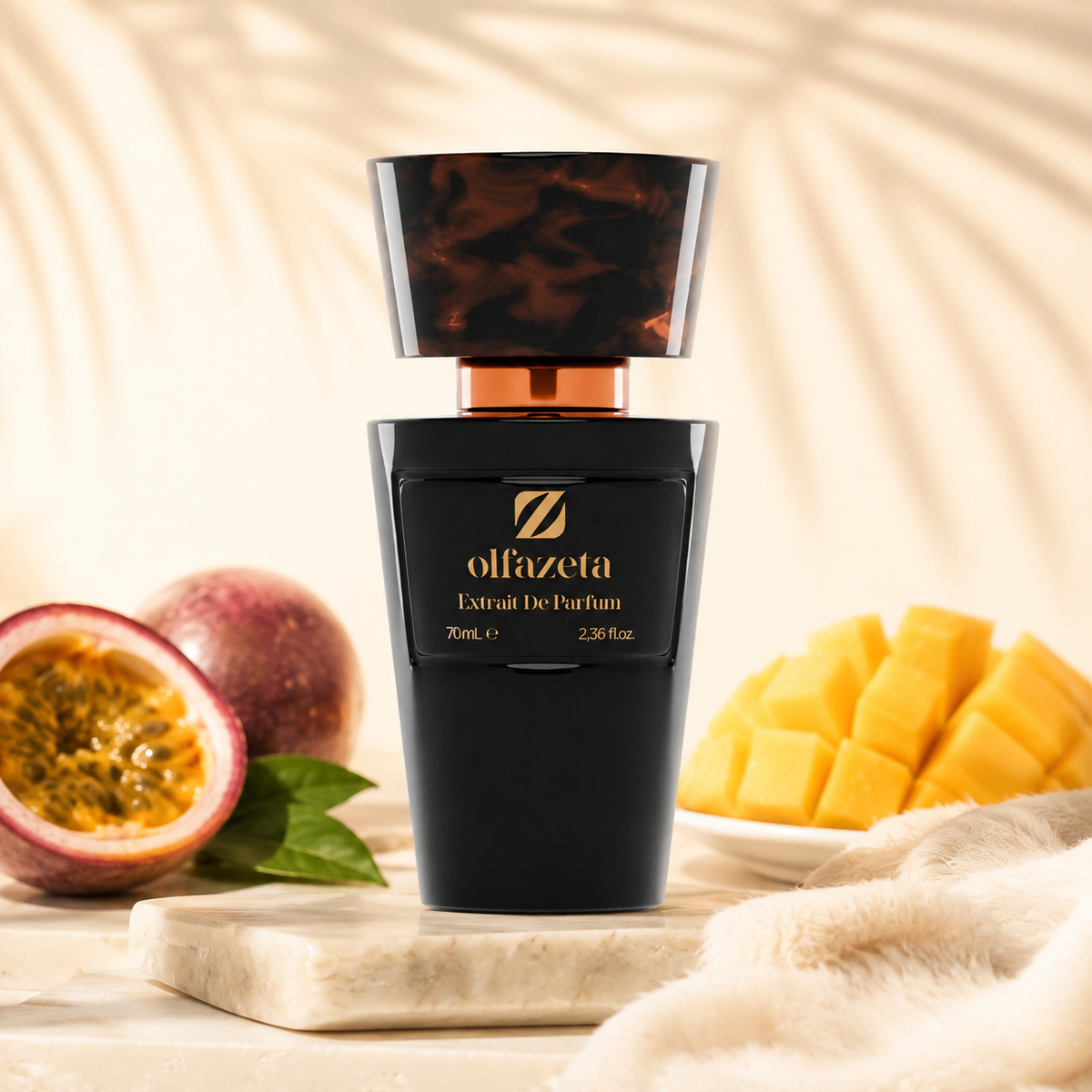 Olfazeta Parfüm No. 110 mit Passionsfrucht und Mango in heller Produktinszenierung