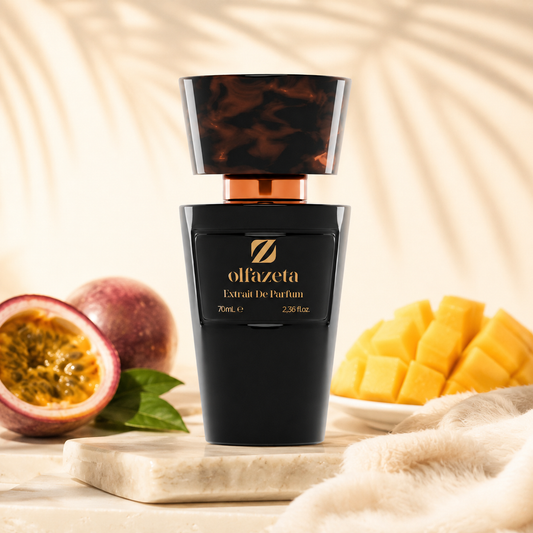 Olfazeta Parfüm No. 110 mit Passionsfrucht und Mango in heller Produktinszenierung