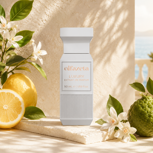 Olfazeta Parfüm No. 112 mit Zitrone und weißen Blüten in heller Produktinszenierung
