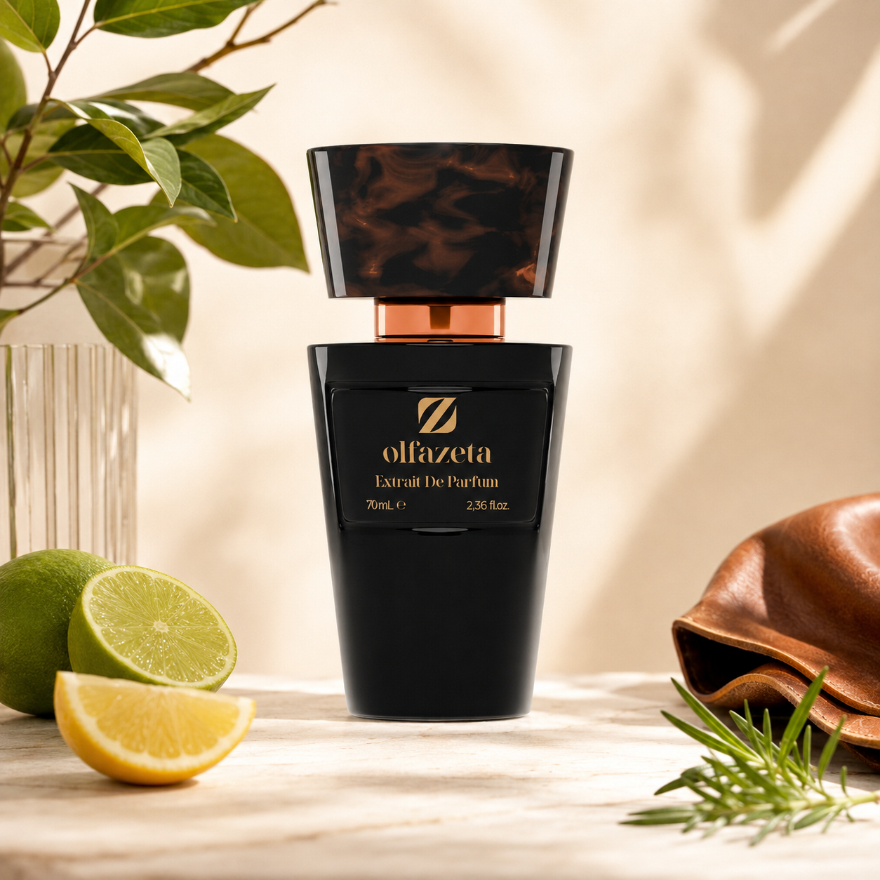 Olfazeta Parfüm No. 113 mit Limette und Leder in heller Produktinszenierung