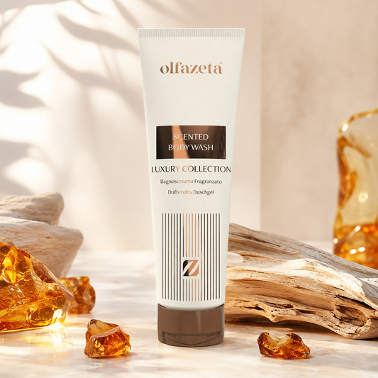 Olfazeta Duschgel No. 118 mit Amber und weißen Blüten in heller Produktinszenierung