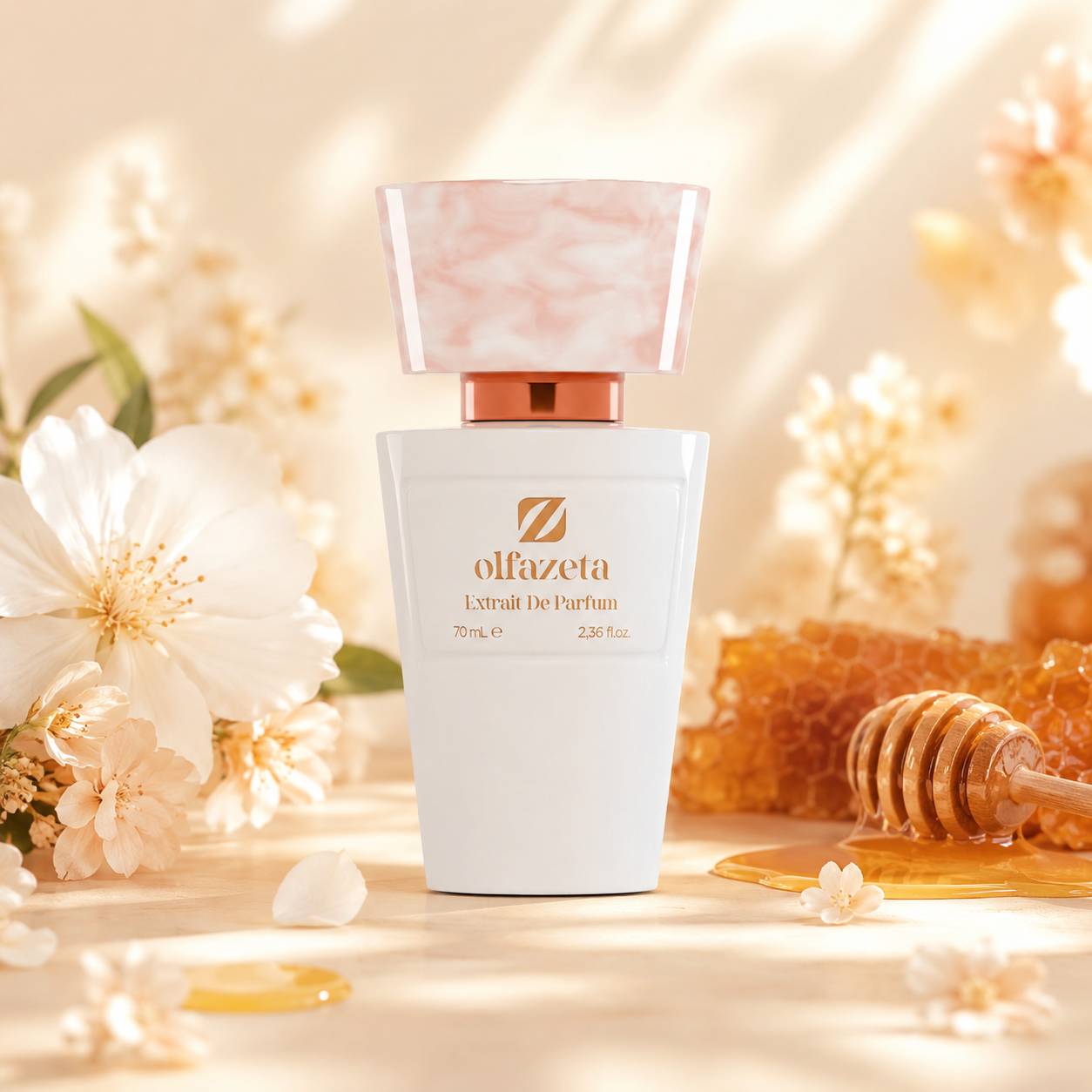 Olfazeta Parfüm No. 119 mit Honig und weißen Blüten in heller Produktinszenierung
