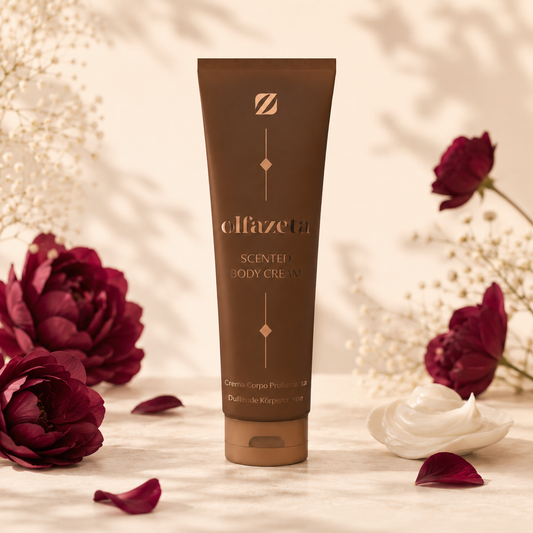 Olfazeta Körpercreme No. 121 mit hellen Blüten in heller Produktinszenierung