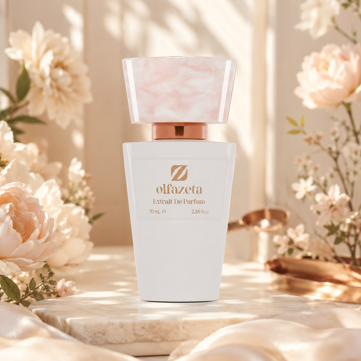 Olfazeta Parfüm No. 121 mit hellen Blüten in heller Produktinszenierung