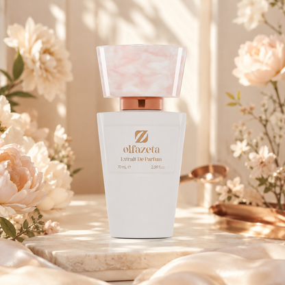 Olfazeta Parfüm No. 121 mit hellen Blüten in heller Produktinszenierung