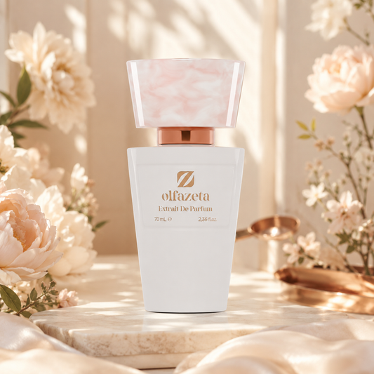 Olfazeta Parfüm No. 121 mit hellen Blüten in heller Produktinszenierung