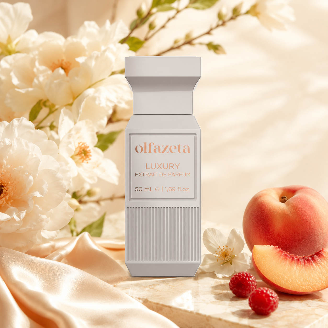 Olfazeta Parfüm No. 123 mit Pfirsich, Beeren und Blüten in heller Produktinszenierung