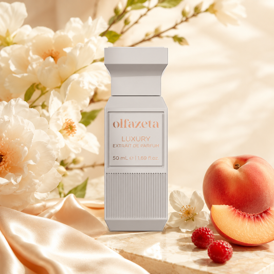 Olfazeta Parfüm No. 123 mit Pfirsich, Beeren und Blüten in heller Produktinszenierung