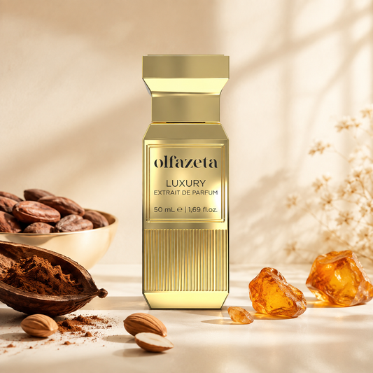 Olfazeta Parfüm No. 124 mit Kakao, Mandeln und Amber in heller Produktinszenierung