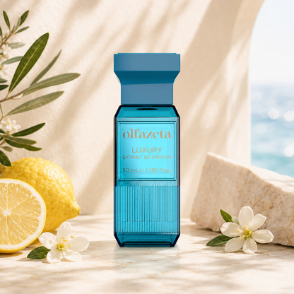 Olfazeta Parfüm No. 125 mit Zitrone, weißen Blüten und Meereskulisse in heller Produktinszenierung