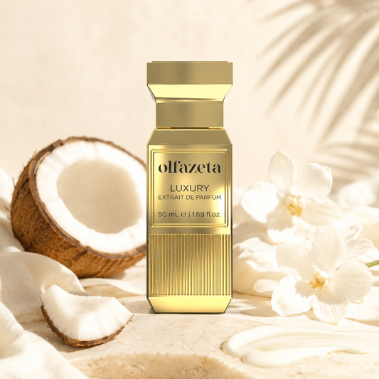 Olfazeta Parfüm No. 126 mit Kokosnuss und weißen Blüten in heller Produktinszenierung