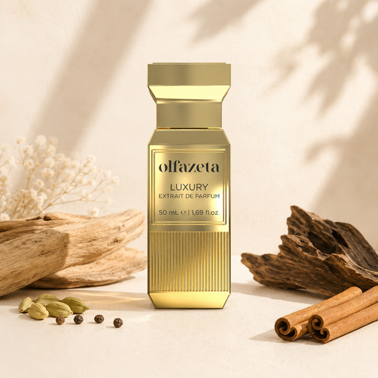 Olfazeta Parfüm No. 127 mit Holz, Zimt und Pfeffer in heller Produktinszenierung