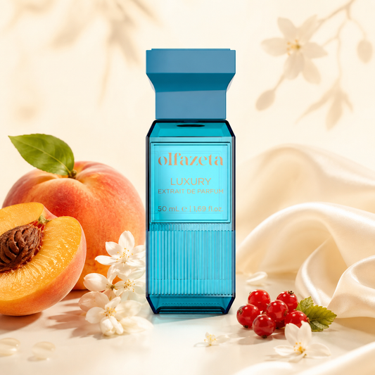 Olfazeta Parfüm No. 129 mit Pfirsich, Beeren und Blüten in heller Produktinszenierung