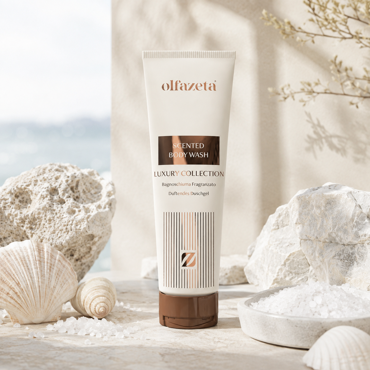 Olfazeta Duschgel No. 130 mit hellen Steinen, Wasser und Meereskulisse in heller Produktinszenierung