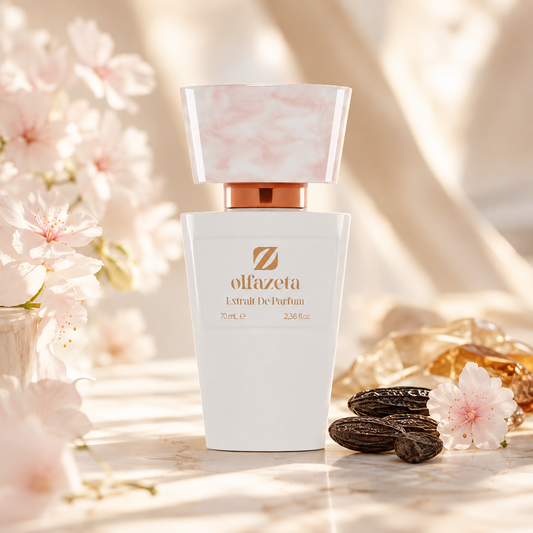 Olfazeta Parfüm No. 131 mit Kaffee, Tonkabohnen und Blüten in heller Produktinszenierung