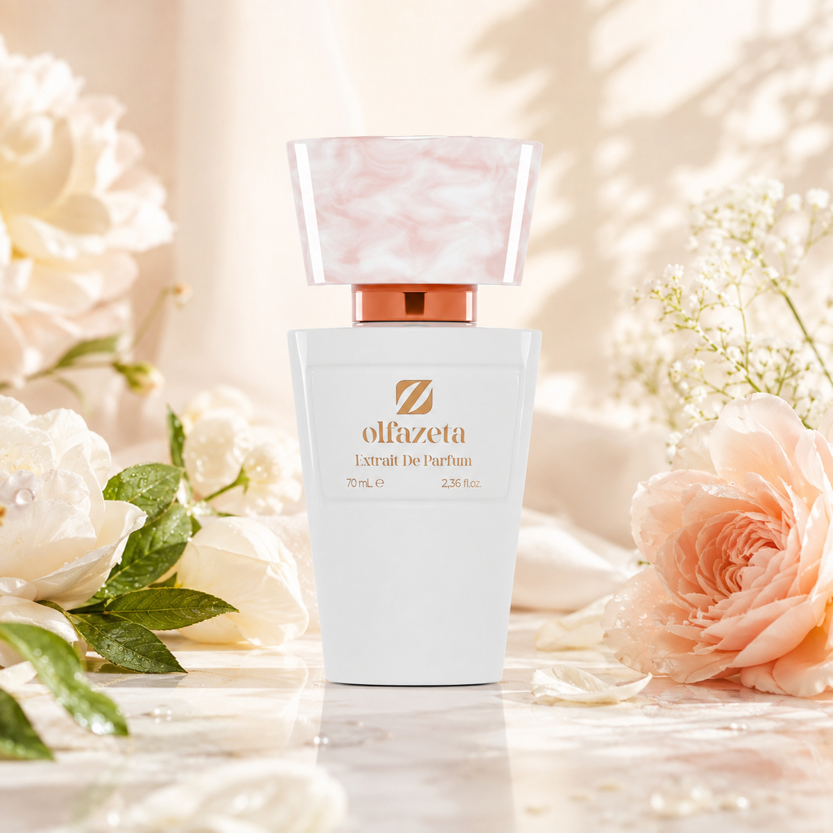 Olfazeta Parfüm No. 132 mit Rosen und hellen Blüten in heller Produktinszenierung