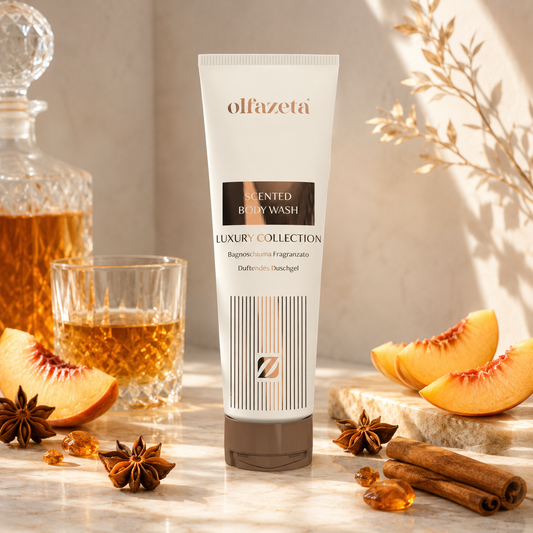 Olfazeta Duschgel No. 134 mit Pfirsich, Gewürzen und Likör-Akzenten in heller Produktinszenierung